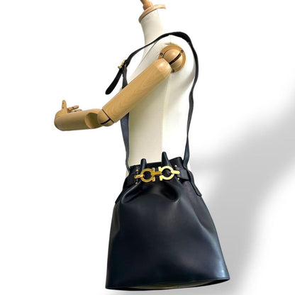 Salvatore Ferragamo Shoulder Bag Purse Gancini Leather Dark Navy Authentic