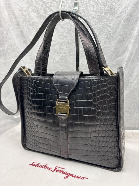 Salvatore Ferragamo Hand Shoulder Bag Tote Purse 2way Vara Leather Black Auth