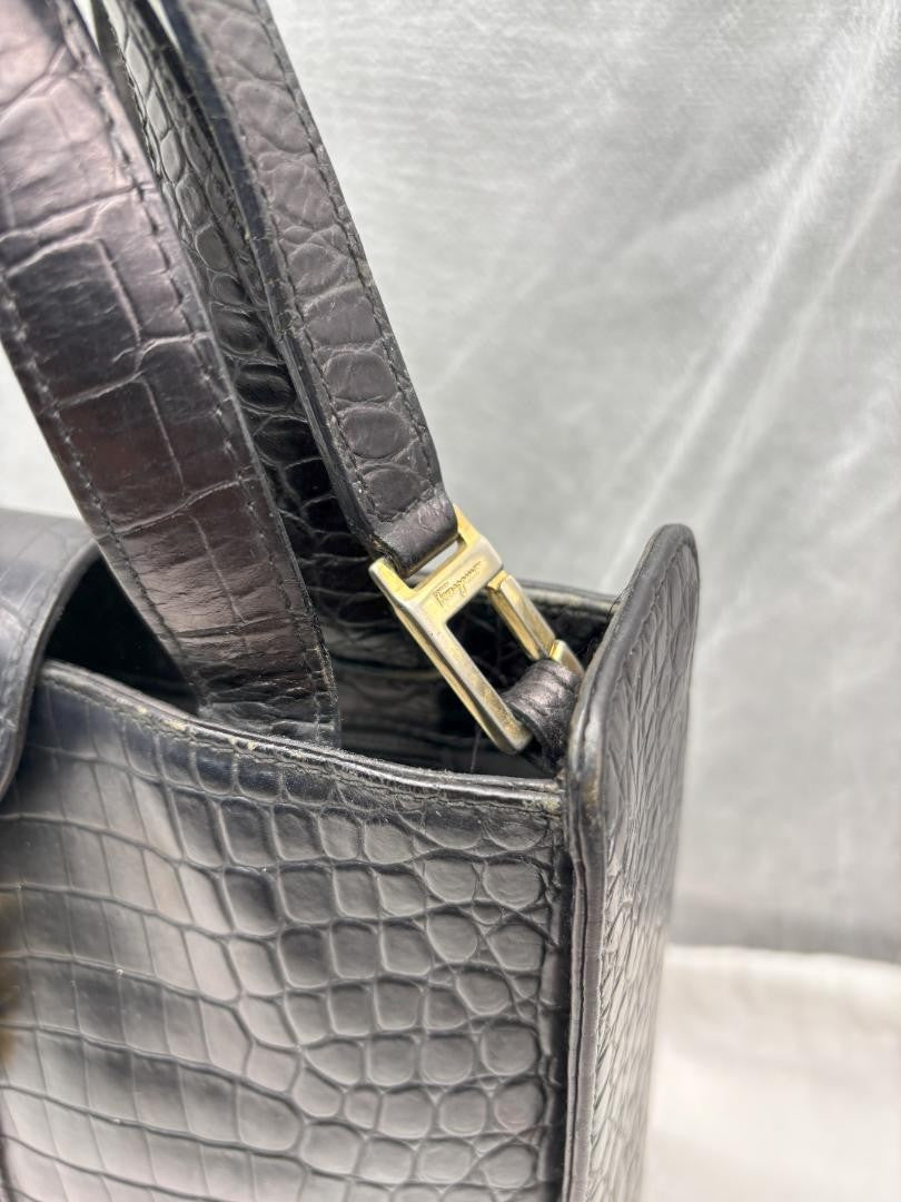 Salvatore Ferragamo Hand Shoulder Bag Tote Purse 2way Vara Leather Black Auth