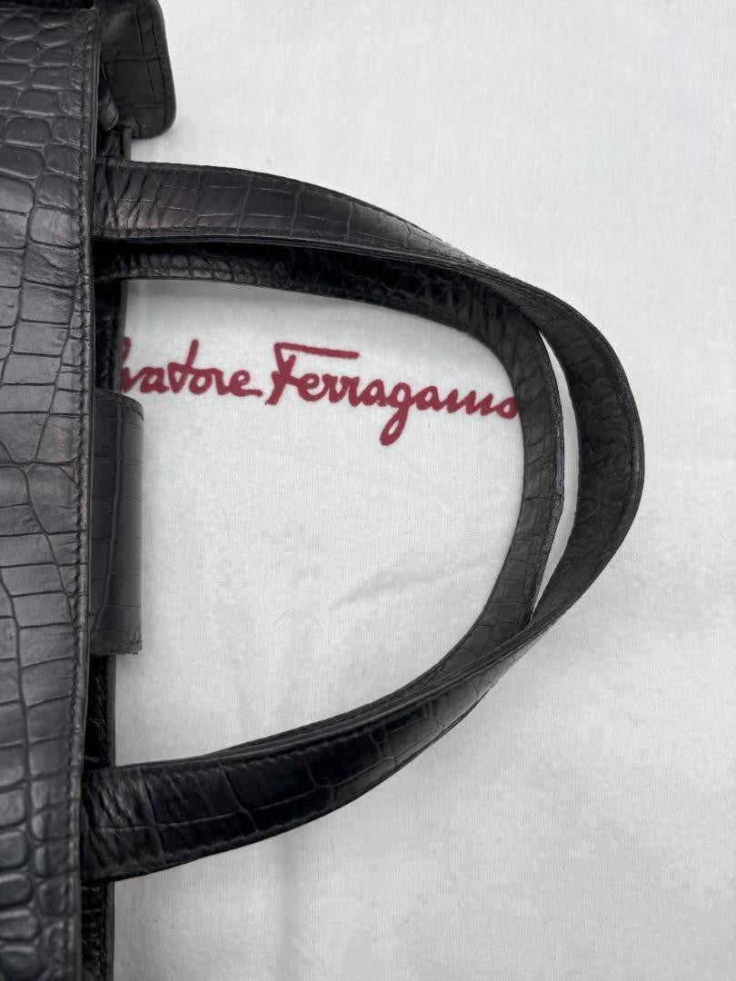 Salvatore Ferragamo Hand Shoulder Bag Tote Purse 2way Vara Leather Black Auth