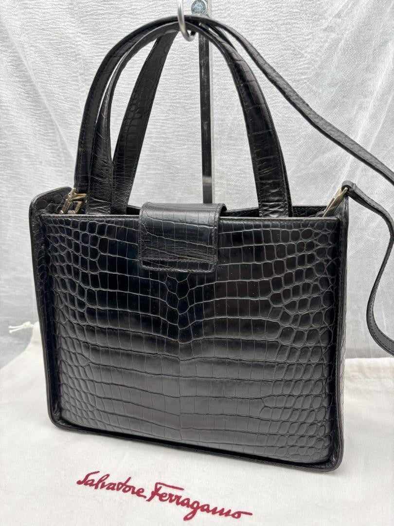 Salvatore Ferragamo Hand Shoulder Bag Tote Purse 2way Vara Leather Black Auth