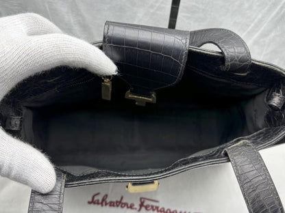 Salvatore Ferragamo Hand Shoulder Bag Tote Purse 2way Vara Leather Black Auth