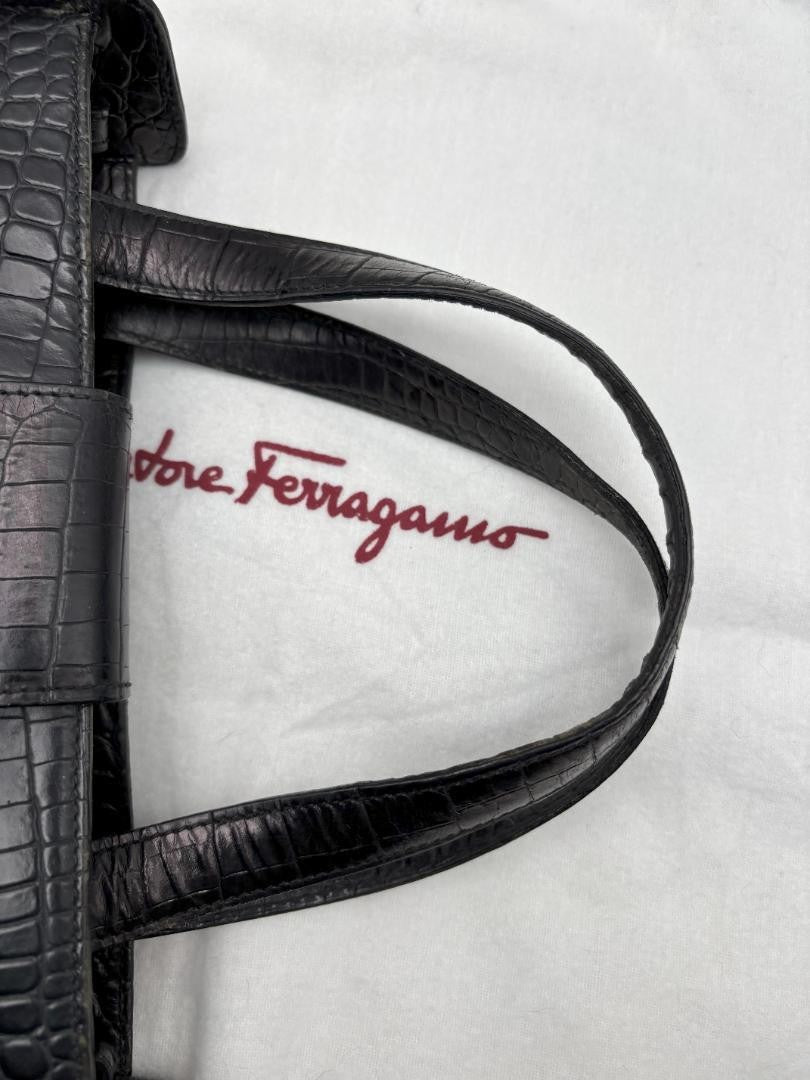 Salvatore Ferragamo Hand Shoulder Bag Tote Purse 2way Vara Leather Black Auth