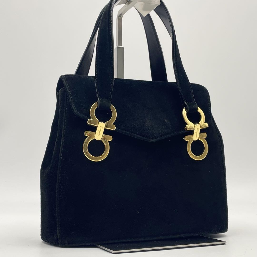 Salvatore Ferragamo Hand Bag Tote Purse Gancini Suede Black Authentic