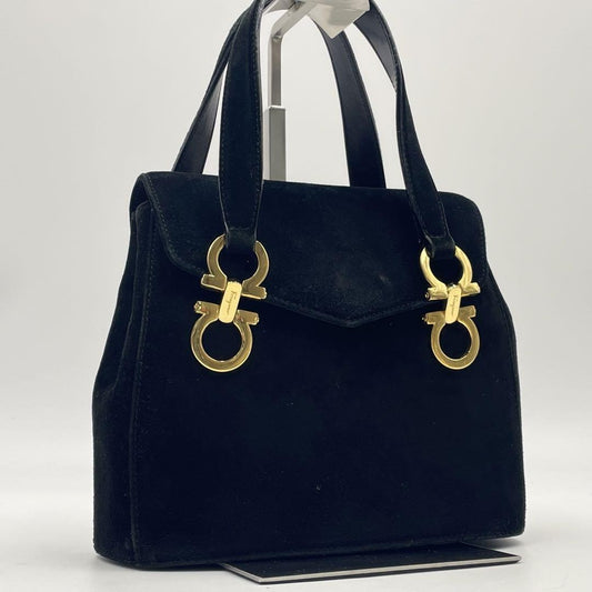 Salvatore Ferragamo Hand Bag Tote Purse Gancini Suede Black Authentic