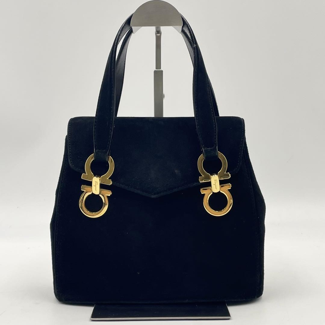Salvatore Ferragamo Hand Bag Tote Purse Gancini Suede Black Authentic