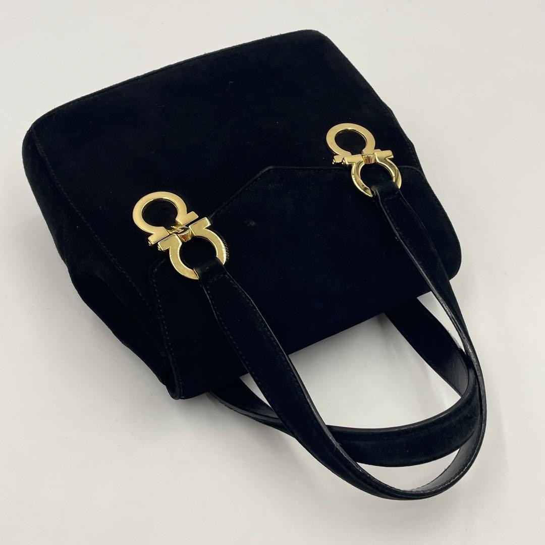 Salvatore Ferragamo Hand Bag Tote Purse Gancini Suede Black Authentic