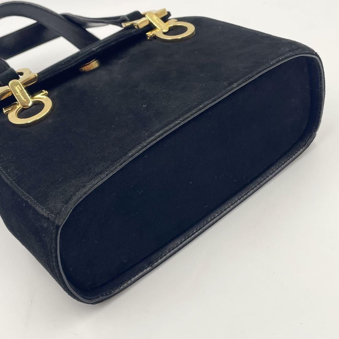 Salvatore Ferragamo Hand Bag Tote Purse Gancini Suede Black Authentic