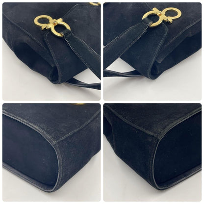 Salvatore Ferragamo Hand Bag Tote Purse Gancini Suede Black Authentic
