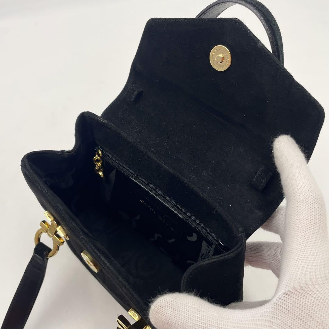 Salvatore Ferragamo Hand Bag Tote Purse Gancini Suede Black Authentic
