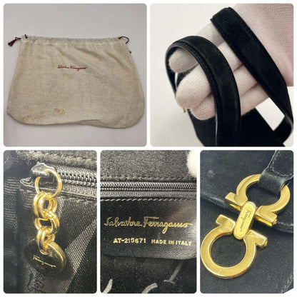 Salvatore Ferragamo Hand Bag Tote Purse Gancini Suede Black Authentic