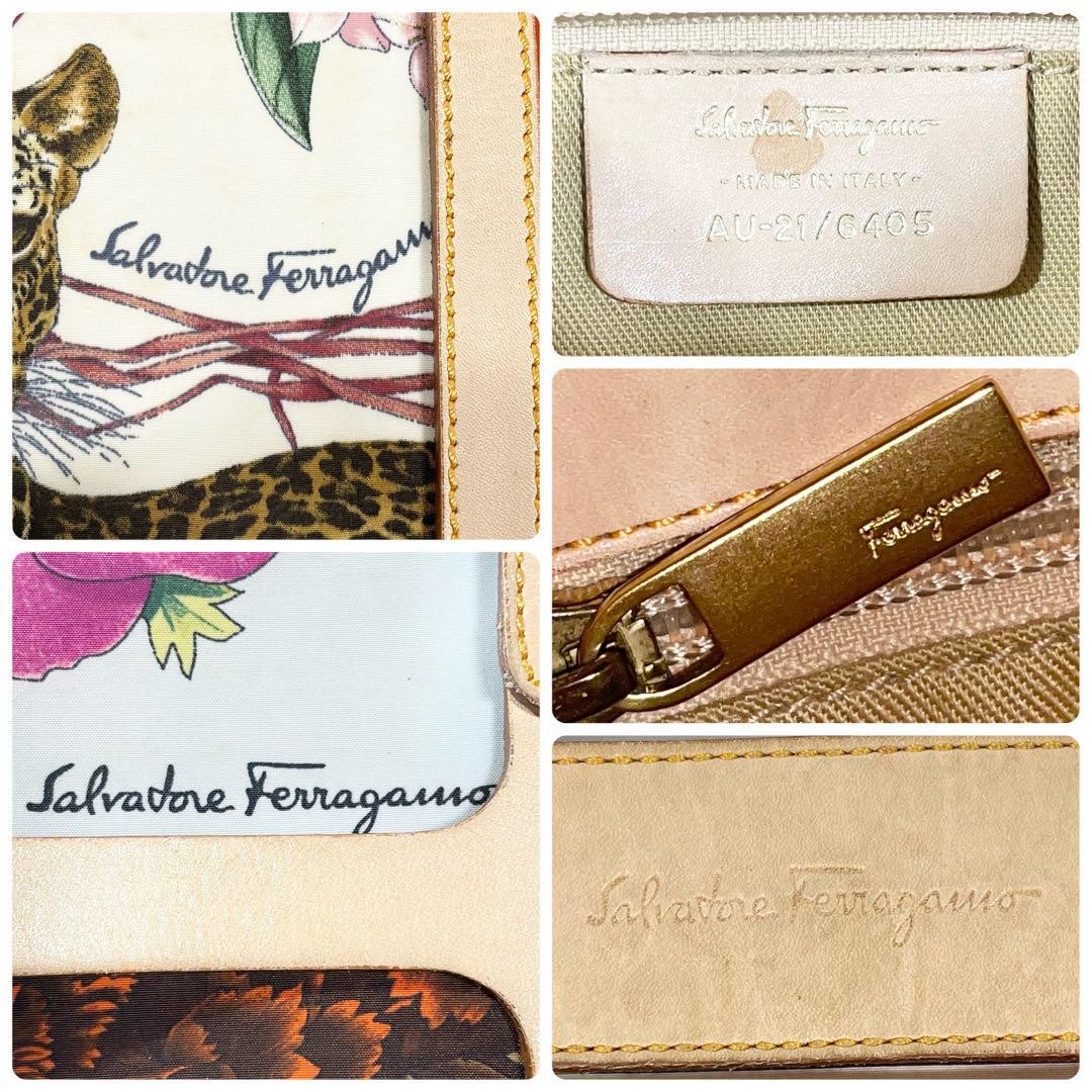 Salvatore Ferragamo Shoulder Bag Purse Canvas Leather Multicolor White Authentic