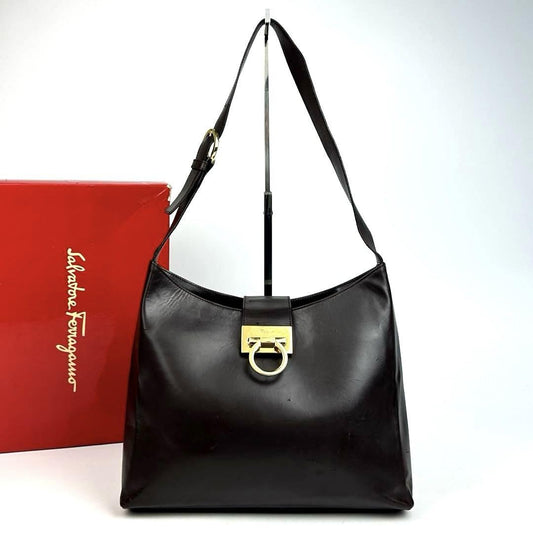 Salvatore Ferragamo Shoulder Bag Purse Gancini Leather Dark Brown Authentic