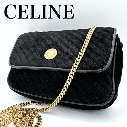 CELINE Shoulder Bag Purse Macadam Chain Black Authentic