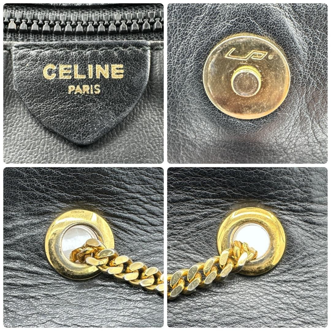 CELINE Shoulder Bag Purse Macadam Chain Black Authentic