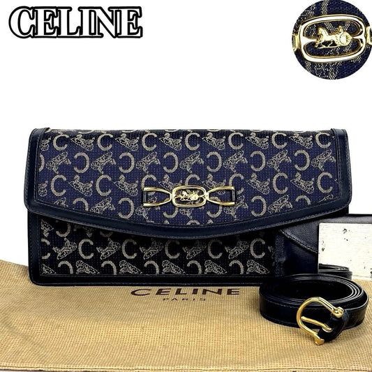 CELINE Shoulder Bag Purse Horse carriage Canvas Leather Navy Authentic