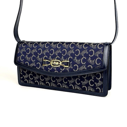CELINE Shoulder Bag Purse Horse carriage Canvas Leather Navy Authentic