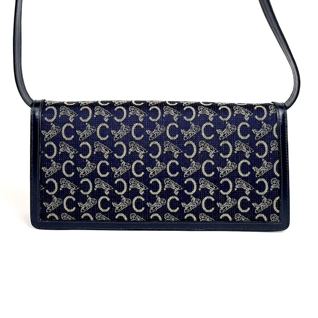 CELINE Shoulder Bag Purse Horse carriage Canvas Leather Navy Authentic