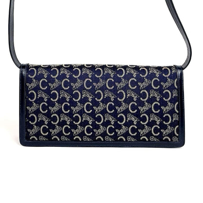 CELINE Shoulder Bag Purse Horse carriage Canvas Leather Navy Authentic