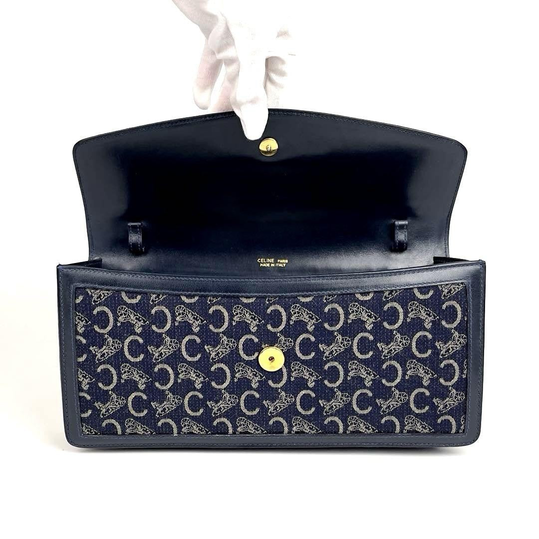 CELINE Shoulder Bag Purse Horse carriage Canvas Leather Navy Authentic