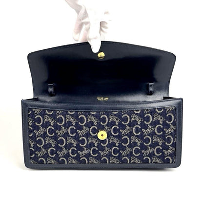 CELINE Shoulder Bag Purse Horse carriage Canvas Leather Navy Authentic