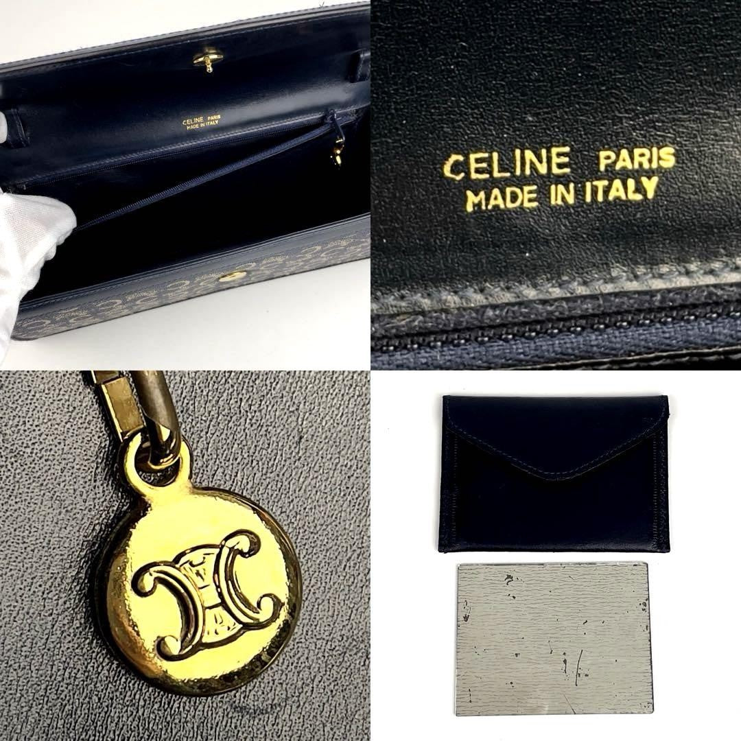 CELINE Shoulder Bag Purse Horse carriage Canvas Leather Navy Authentic