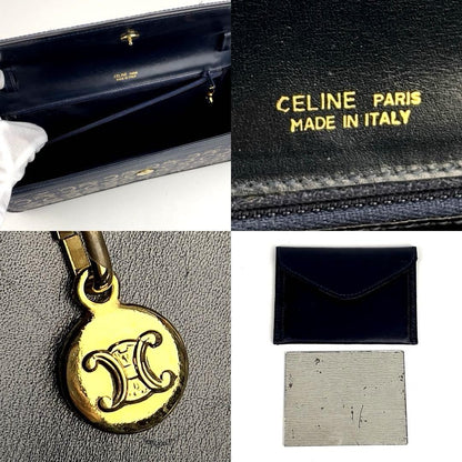 CELINE Shoulder Bag Purse Horse carriage Canvas Leather Navy Authentic