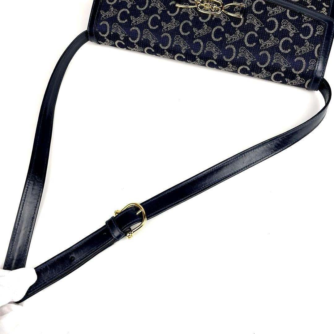 CELINE Shoulder Bag Purse Horse carriage Canvas Leather Navy Authentic