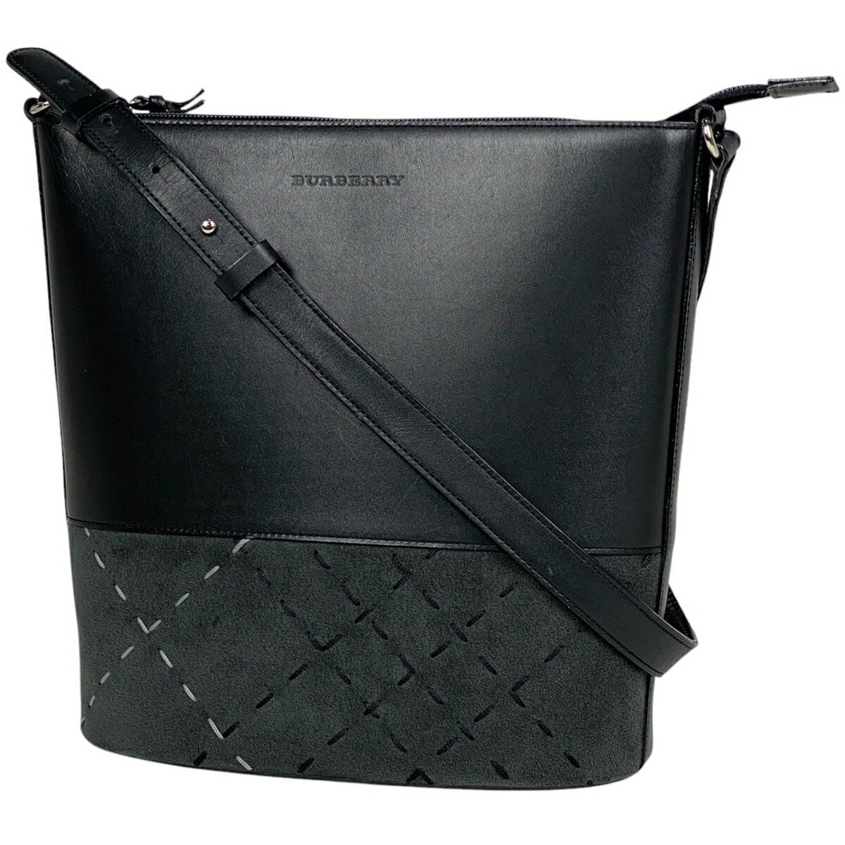 BURBERRY Shoulder Bag Purse Logo Suede Leather Black Authentic