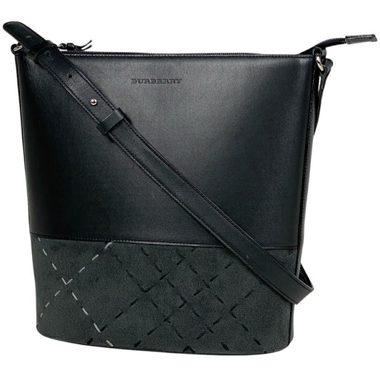 BURBERRY Shoulder Bag Purse Logo Suede Leather Black Authentic