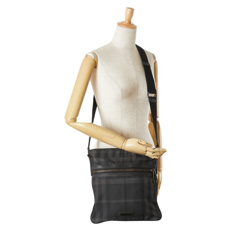BURBERRY Shoulder Bag Purse Nova Check Nylon Leather Black Authentic