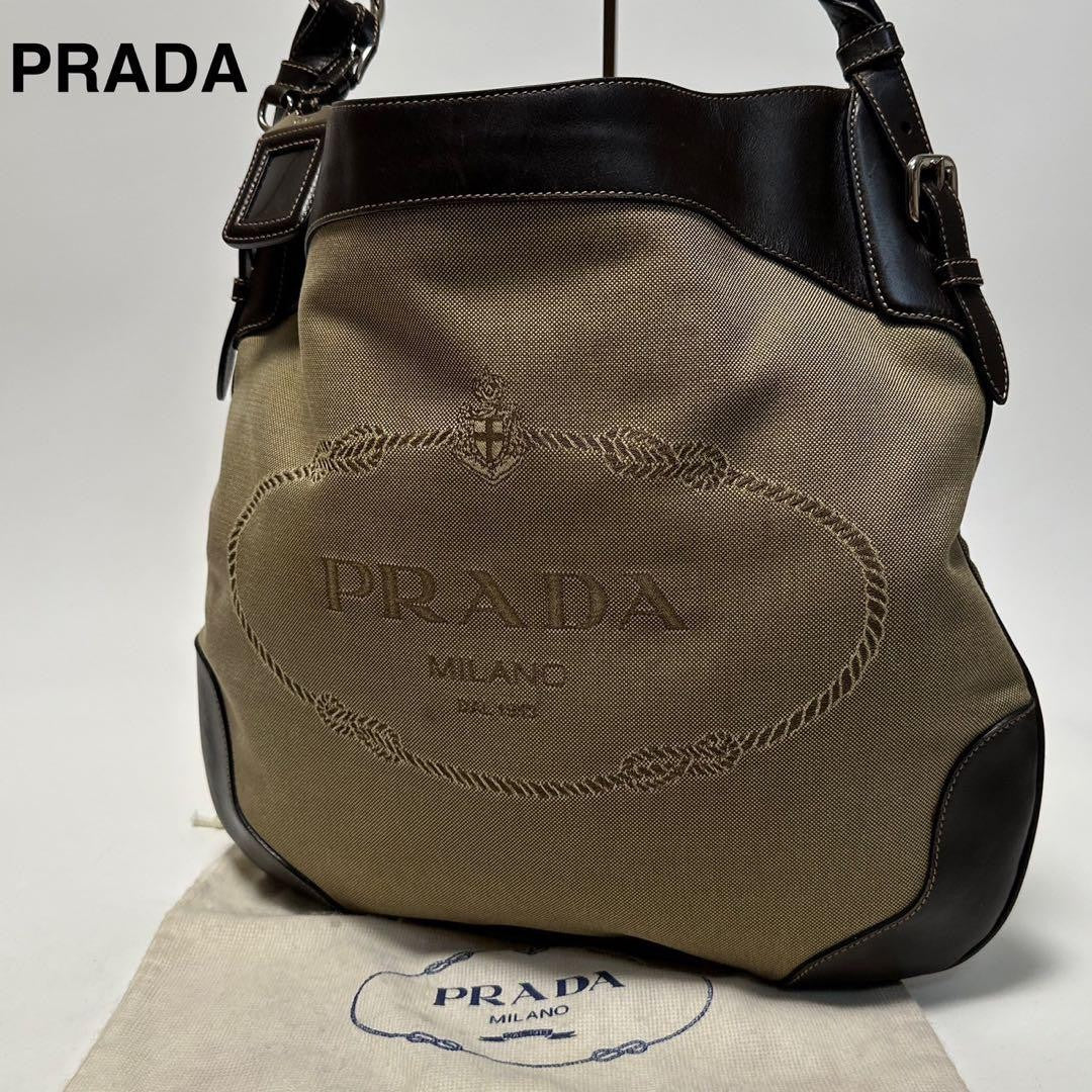 PRADA Shoulder Bag Purse Canvas Leather Beige Authentic