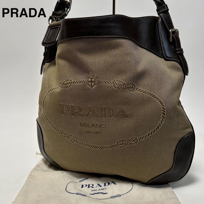 PRADA Shoulder Bag Purse Canvas Leather Beige Authentic