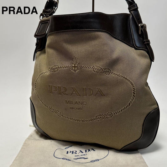 PRADA Shoulder Bag Purse Canvas Leather Beige Authentic