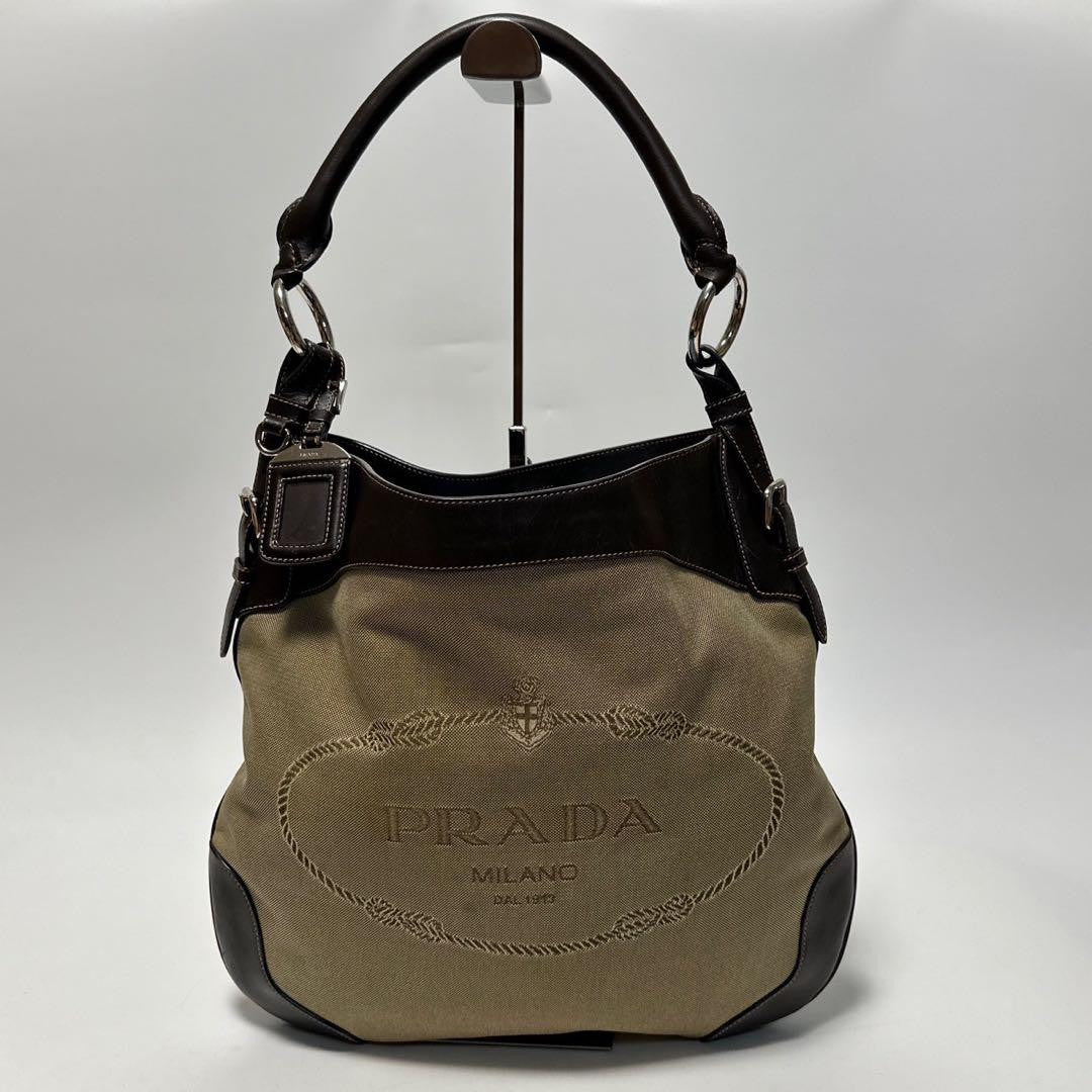 PRADA Shoulder Bag Purse Canvas Leather Beige Authentic