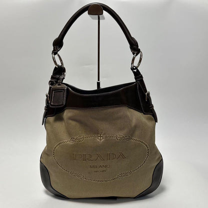 PRADA Shoulder Bag Purse Canvas Leather Beige Authentic