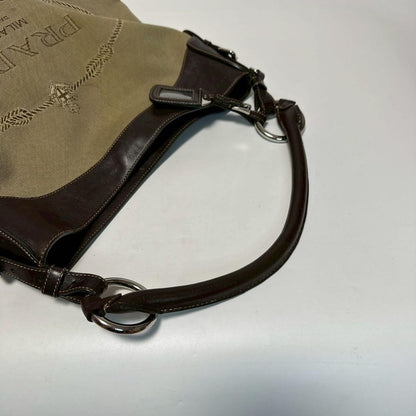 PRADA Shoulder Bag Purse Canvas Leather Beige Authentic