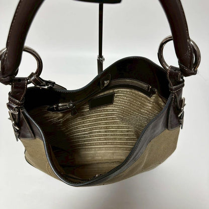 PRADA Shoulder Bag Purse Canvas Leather Beige Authentic