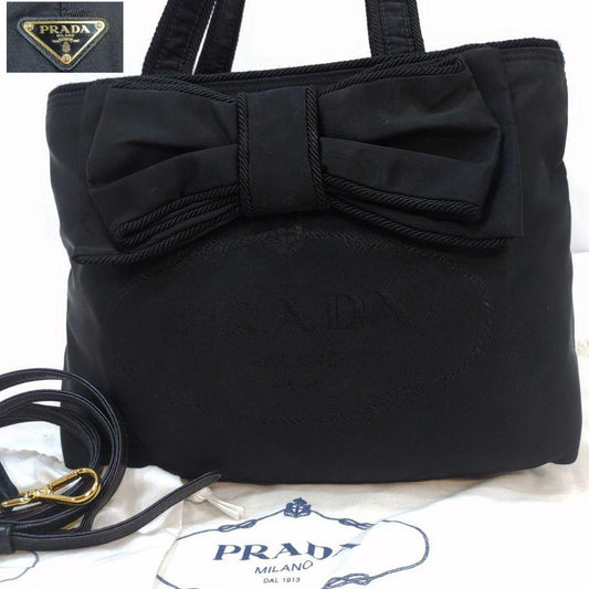 PRADA Hand Shoulder Bag Tote Purse 2way Logo Ribbon Nylon Black Authentic