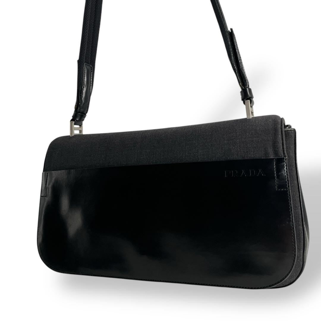 PRADA Hand Shoulder Bag Tote Purse Patent Leather Nylon Black Authentic