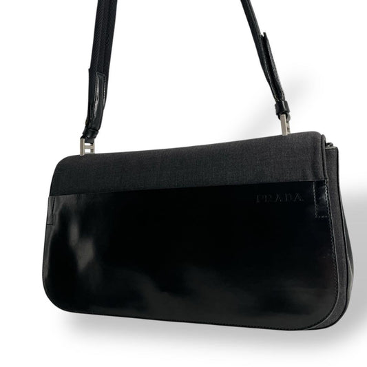 PRADA Hand Shoulder Bag Tote Purse Patent Leather Nylon Black Authentic