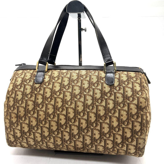 Christian Dior Mini Boston Bag Hand Bag Tote Purse Trotter Canvas Leather Brown