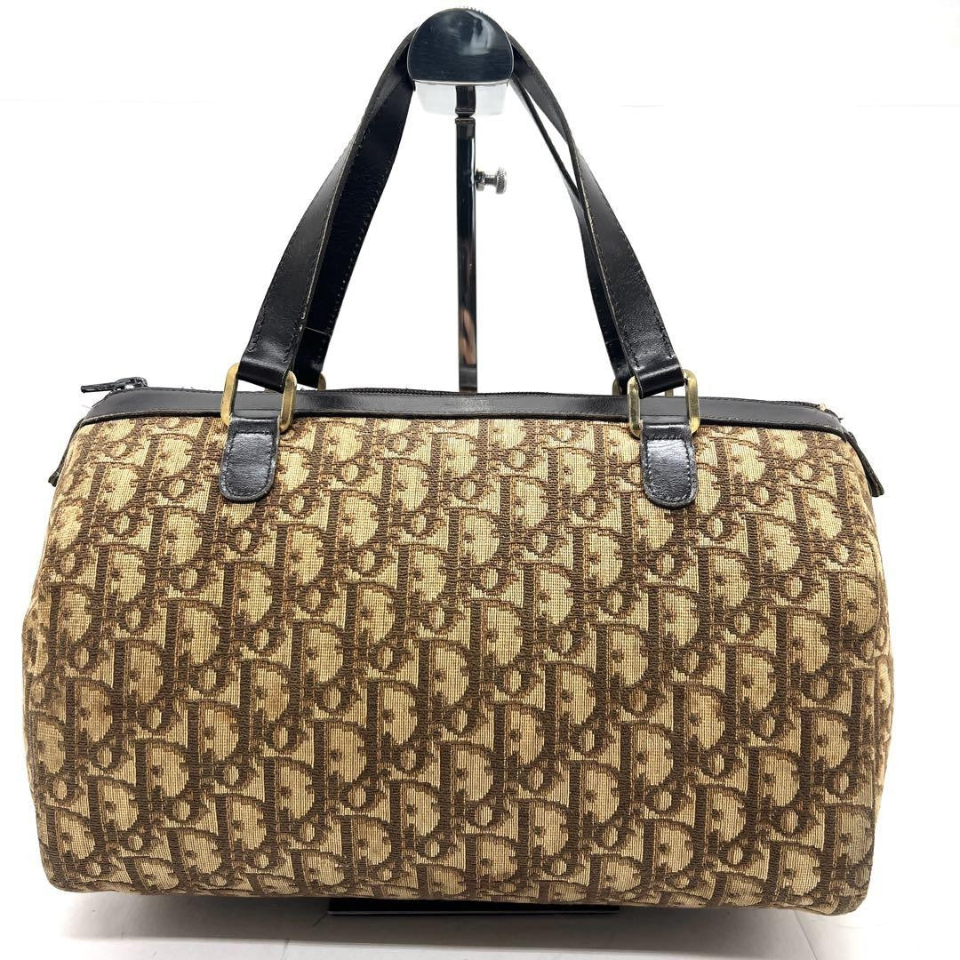 Christian Dior Mini Boston Bag Hand Bag Tote Purse Trotter Canvas Leather Brown