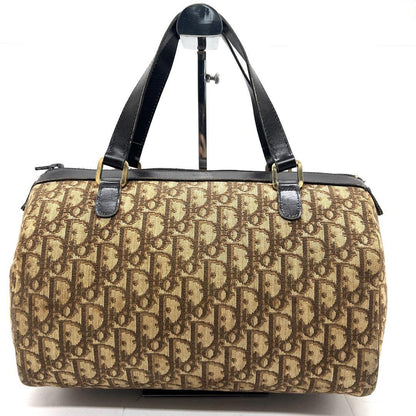 Christian Dior Mini Boston Bag Hand Bag Tote Purse Trotter Canvas Leather Brown