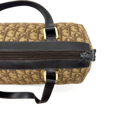 Christian Dior Mini Boston Bag Hand Bag Tote Purse Trotter Canvas Leather Brown