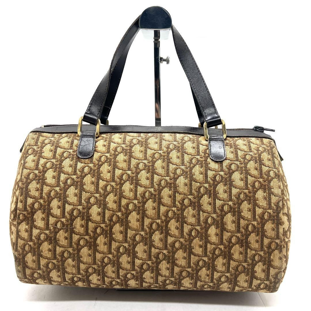 Christian Dior Mini Boston Bag Hand Bag Tote Purse Trotter Canvas Leather Brown