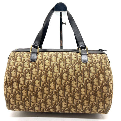 Christian Dior Mini Boston Bag Hand Bag Tote Purse Trotter Canvas Leather Brown