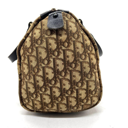 Christian Dior Mini Boston Bag Hand Bag Tote Purse Trotter Canvas Leather Brown