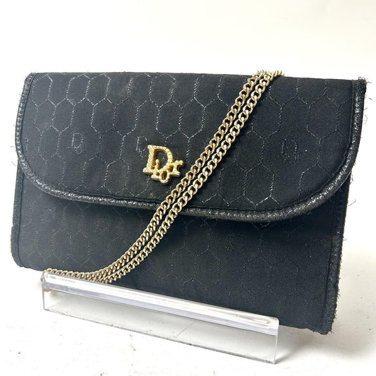 Christian Dior Shoulder Bag Purse Honeycomb Chain Canvas Black Authentic
