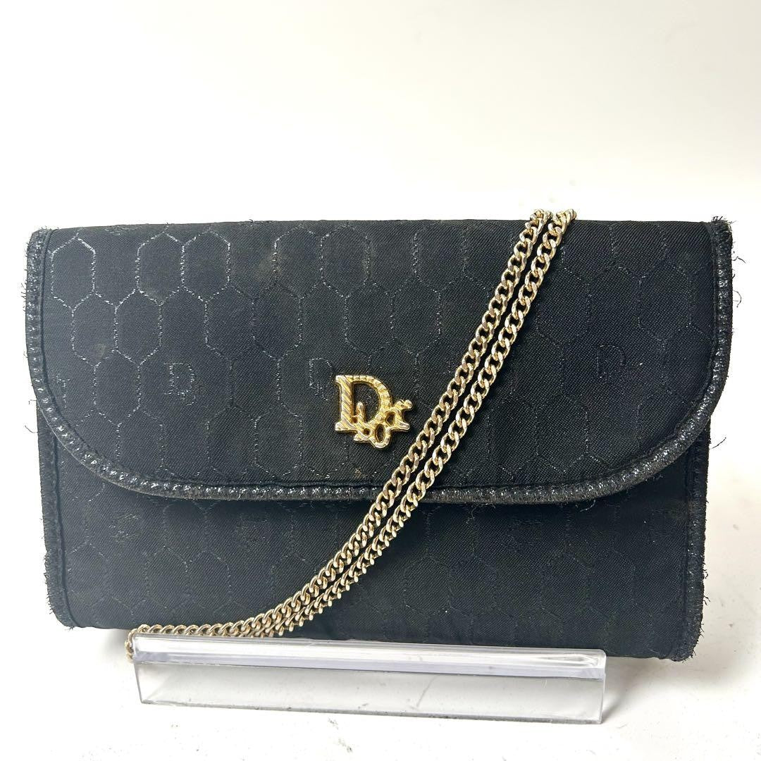 Christian Dior Shoulder Bag Purse Honeycomb Chain Canvas Black Authentic